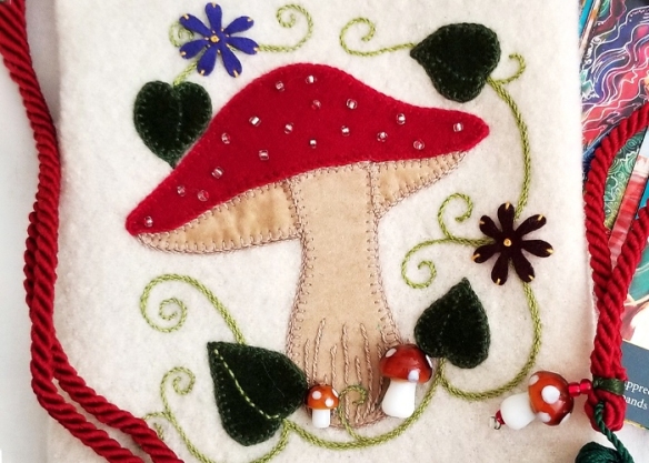 Mushroom Tarot Bag - Embroidered with wool, velvet, faux suede, and glass beads.